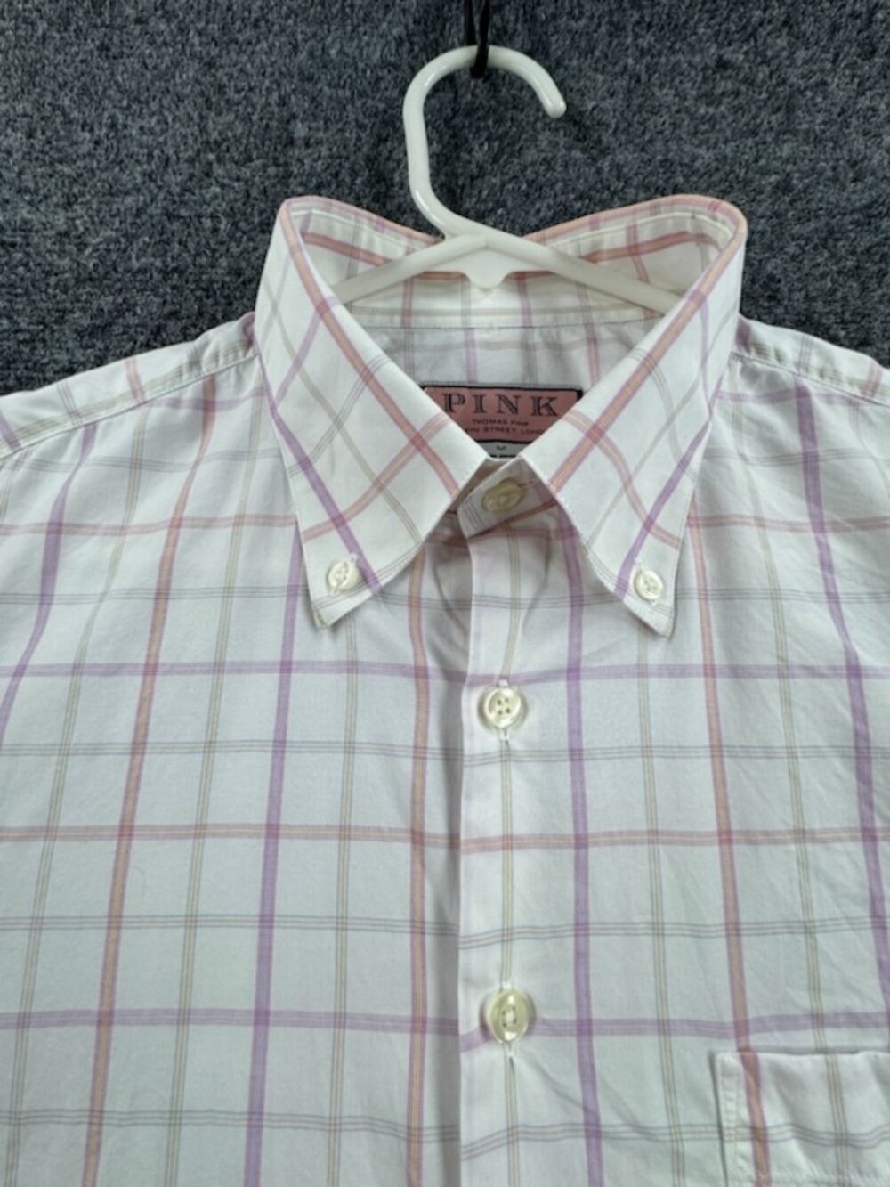 Thomas Pink Medium Mens Button-Down Pink Check Cotton Shirt Pocket Long Sleeve